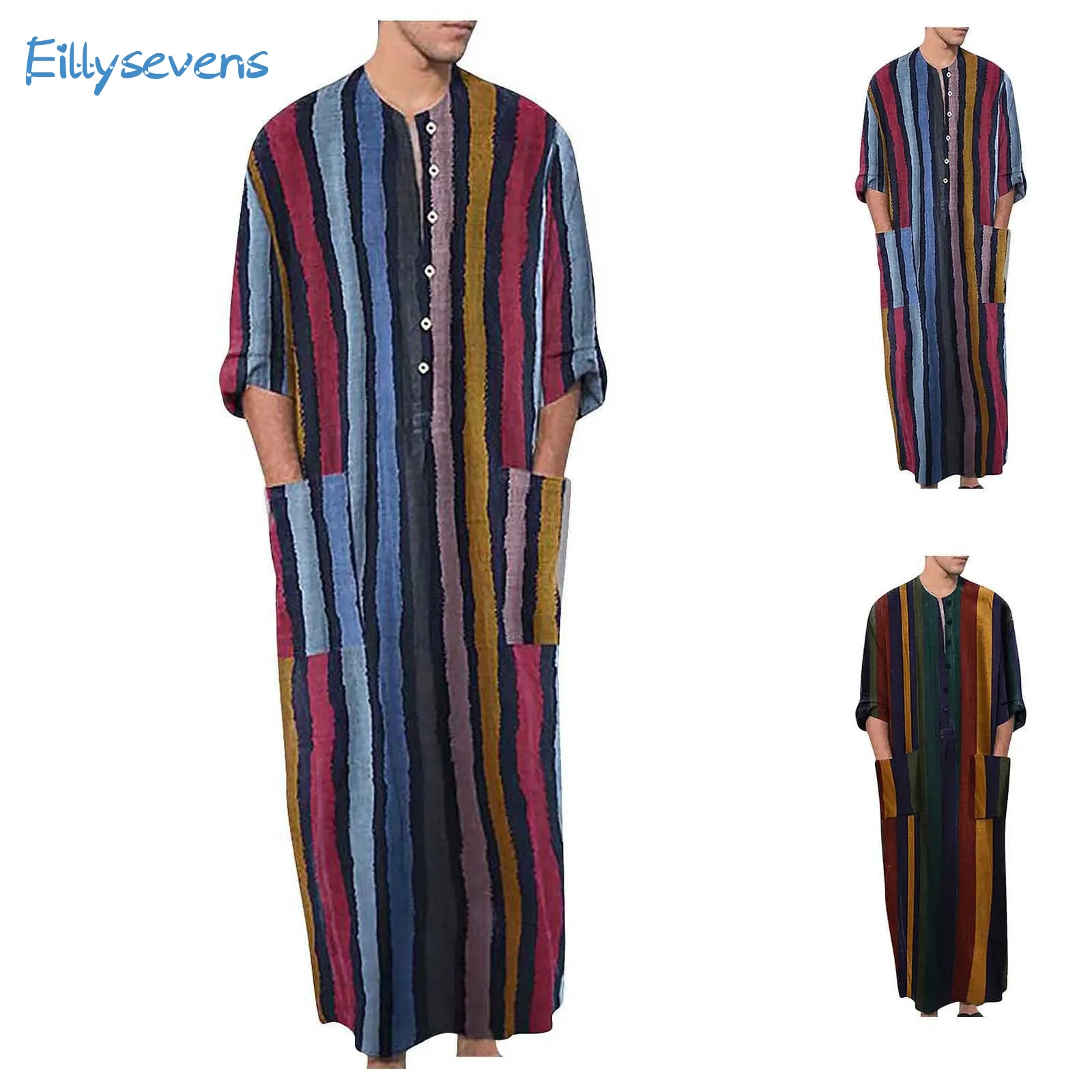 Men\'S Muslim Robe Long Sleeve Cotton Striped Robes Summer Islamic Arabian Kaftan Suit Middle East Dubai Abaya Retro Clothing