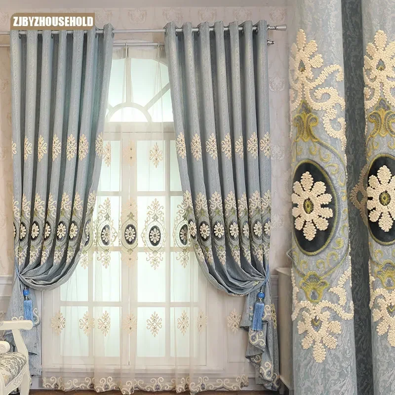 

European Embroidery Curtains for Living Dining Room Bedroom Customized Simple Jacquard Semi Shading Finished Floor Screen