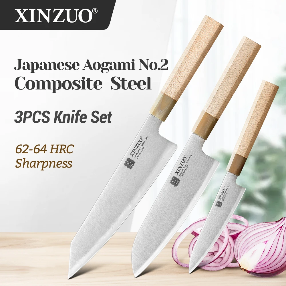 

XINZUO High-quality 3PCS Knife Set Aogami No.2 3-layer Composite Steel Utility &Santoku Knife&Bunka Knife Professional Grade