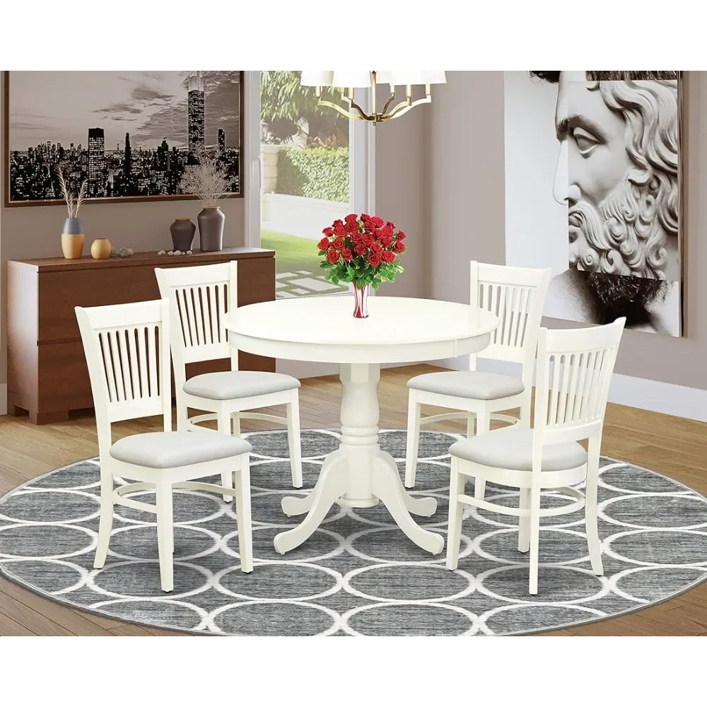 The 5-piece dining table set includes a circular kitchen table with a base and 4 linen fabric cushioned dining chairs in white