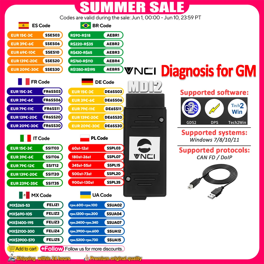

VNCI MDI2 Diagnostic Tool For Cadillac/Chevrolet/Buick Support CANFD DoIP Compatible with TLC/GDS2/DPS/Tech2win Software For GM