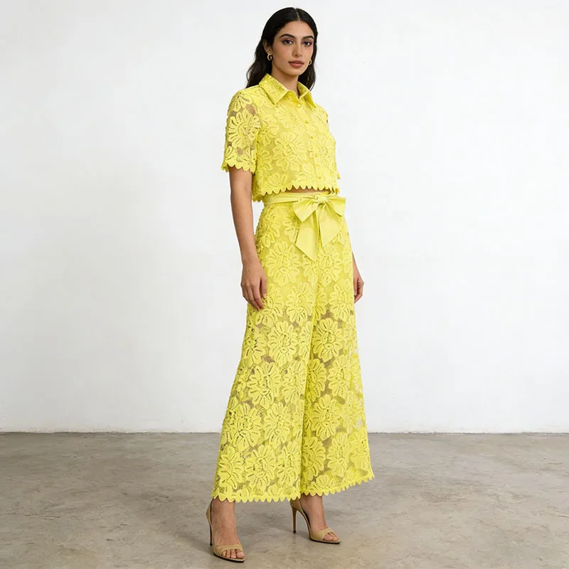 

Sexy Hollow Out Two Piece Set Lapel Flare Sleeve Short Shirt Top High-Waisted Skirts Sets Fashion Solid Color Sets Female