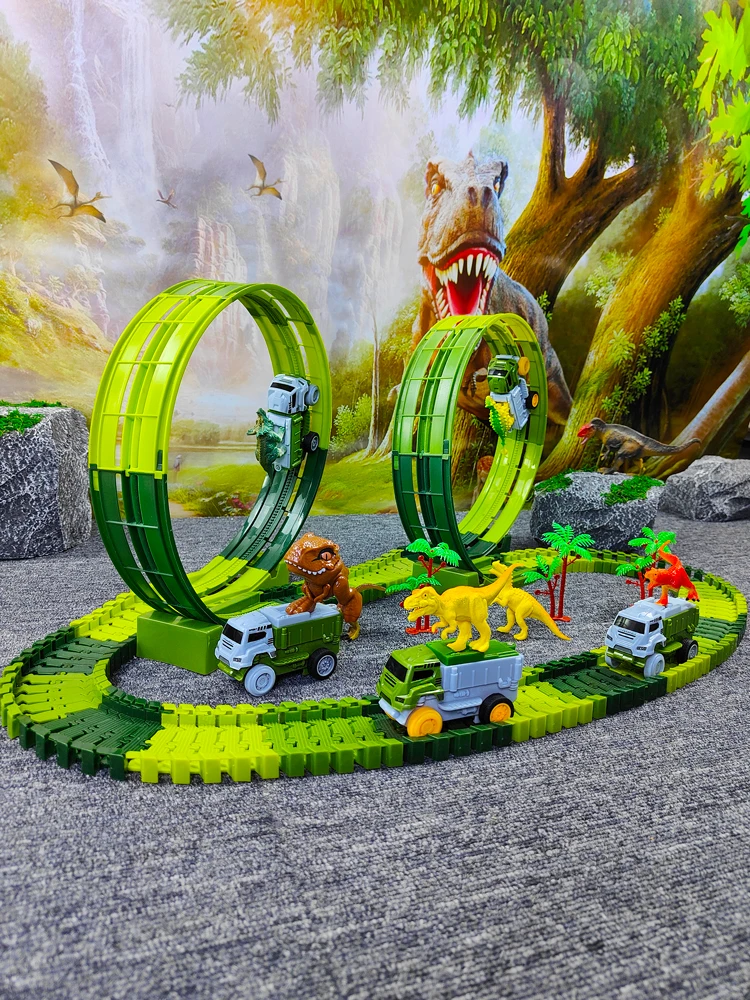 Elektrische Dinosaurier-Autospiene, flexibles magisches Kletterspoor-Spielzeug mit LED-Licht, hochwertige Rennstrecke für Kinder