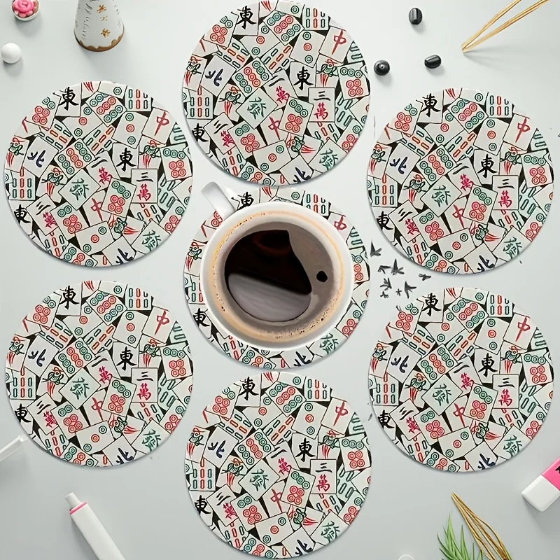 12pcs Mahjong Theme Wooden Tea Cup Coasters with Chinese Characters And Flowers Heat Insulation Circular Home Decor