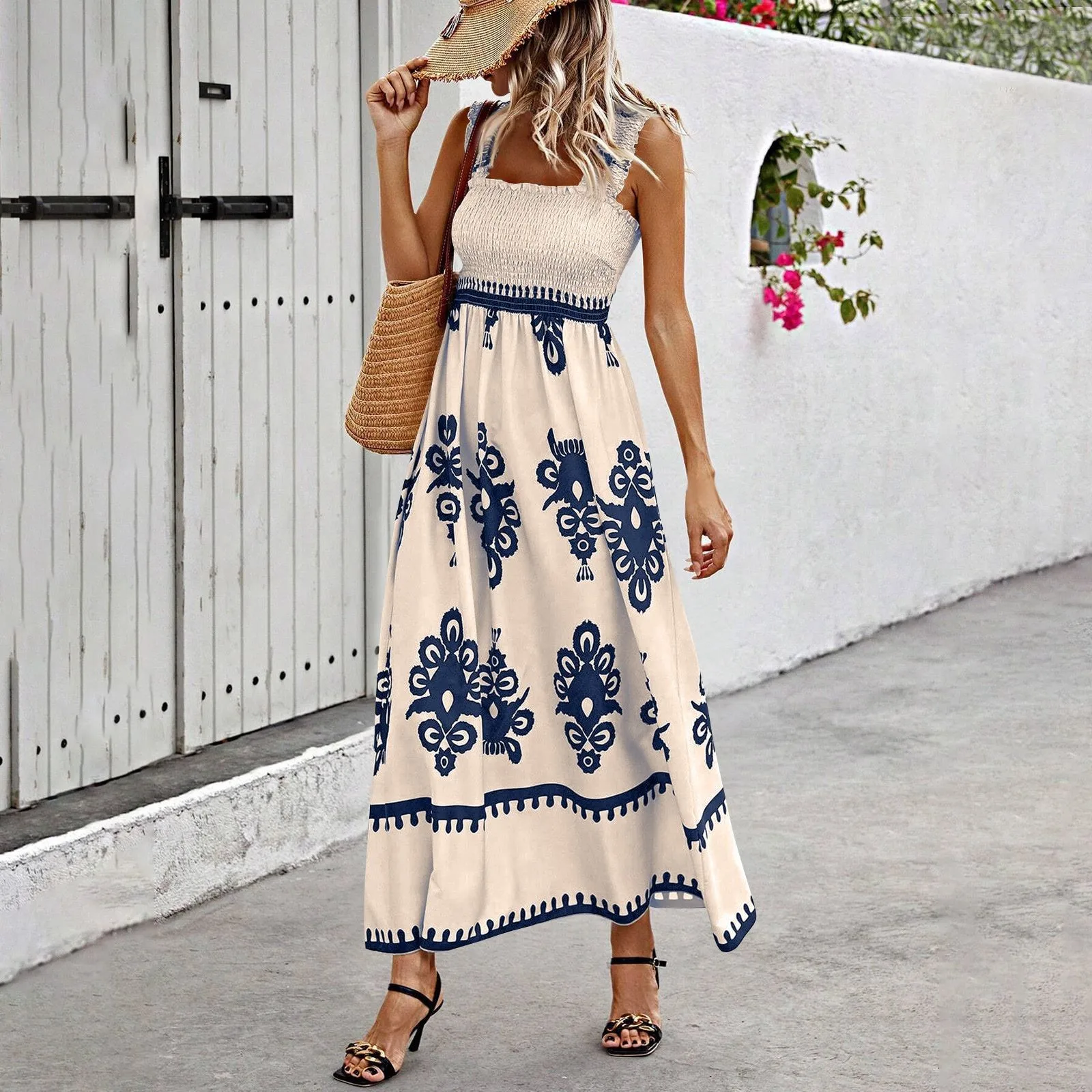 

Пляжное платье с цветочным принтом в ретро-стиле, женское, в этническом стиле, без рукавов, свободного кроя, в богемном стиле