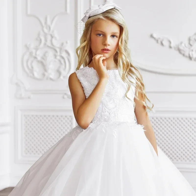 Vestidos da menina de flor branco bordado apliques com trilha sem mangas para festa de aniversário de casamento baile banquete vestidos de princesa