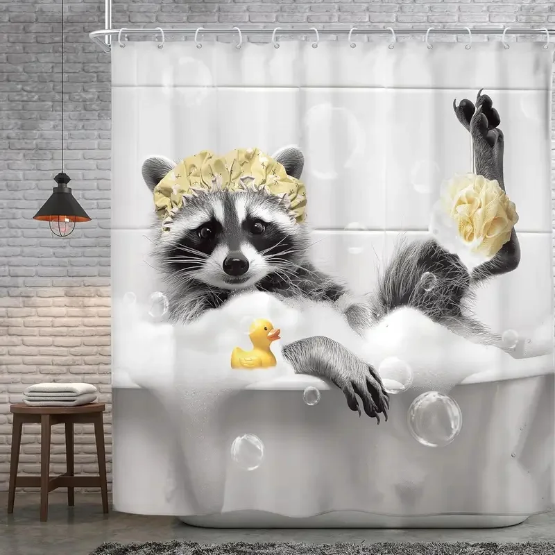 VIKAMA Humor Raccoon Bath Shower Curtain, Cartoon Raccoon Spa Art Print Polyester Waterproof Bathroom Partition Curtain