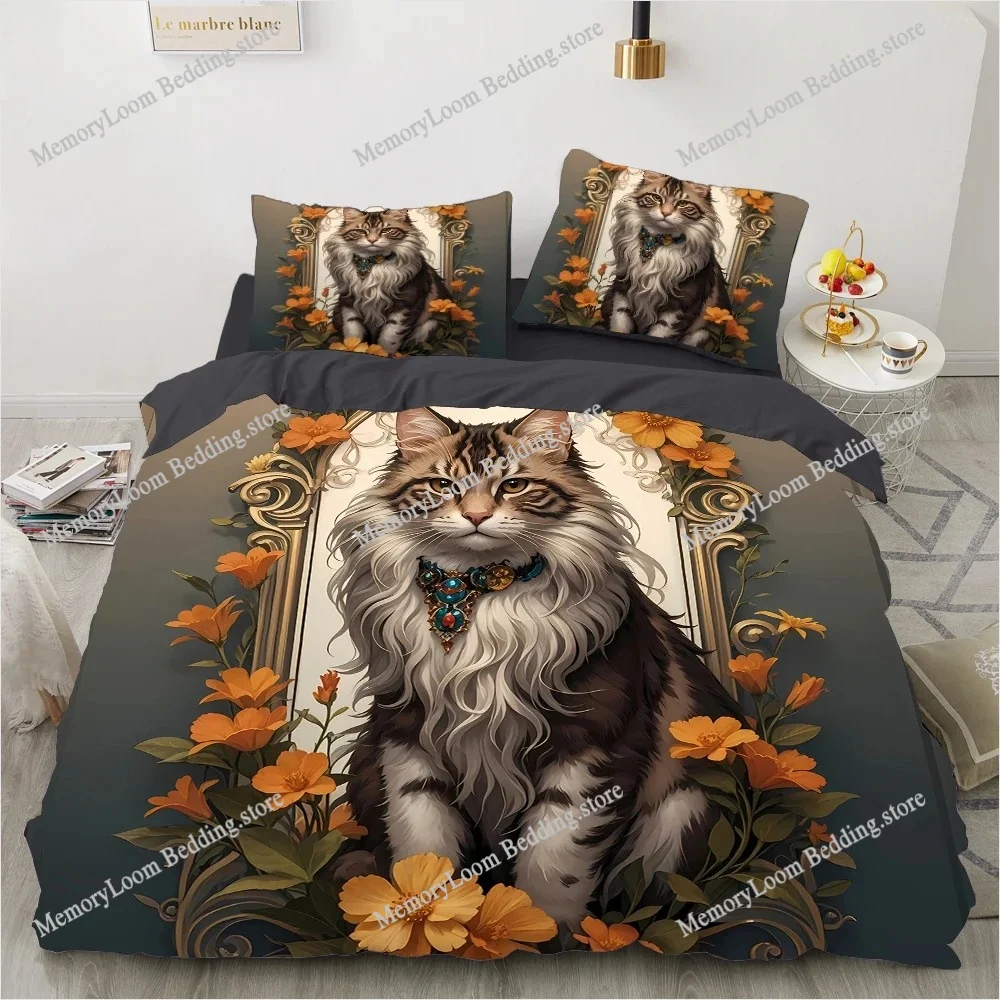 King Size Cat Bedding Set – 3D Printed Duvet Cover Set Bed Queen Luxury Bedrooms & Gifts (Cat, flowers, moon) - view 2