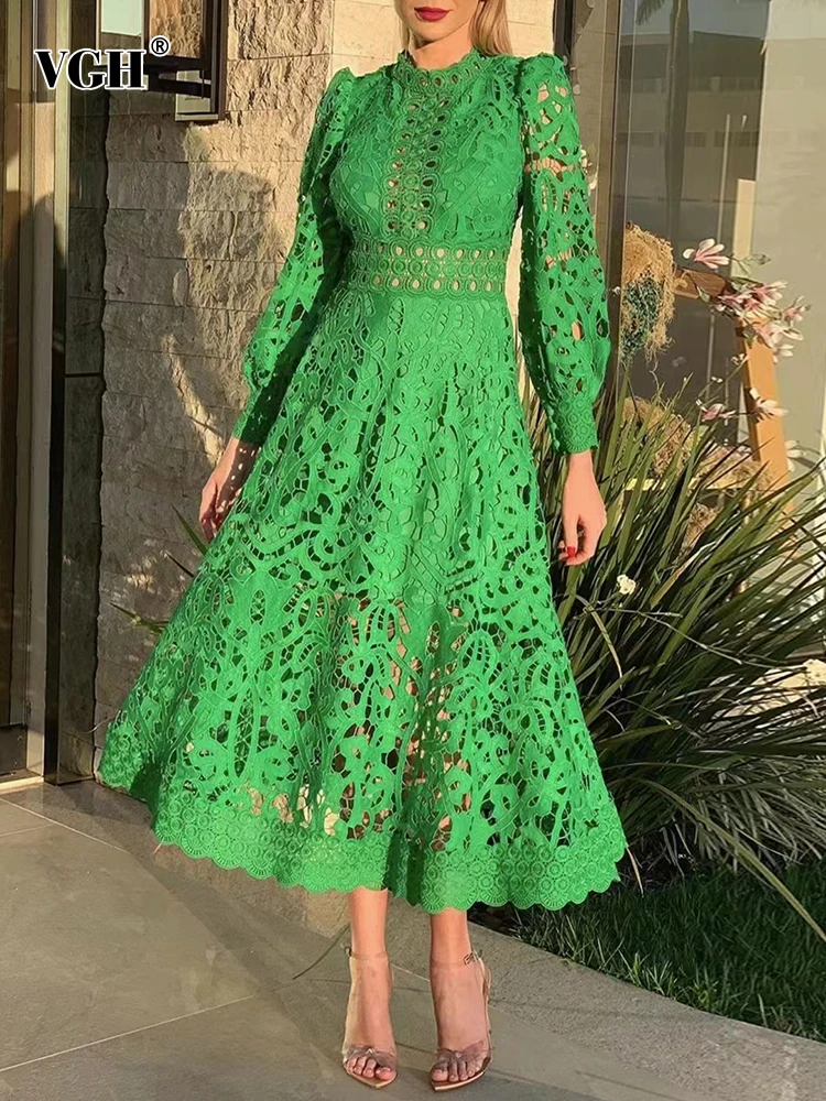 

VGH Vintage Solid Loose Dress For Women Stand Collar Long Sleeve High Waist Cut Out Lace Panel Dresses Female Spring Fashion New