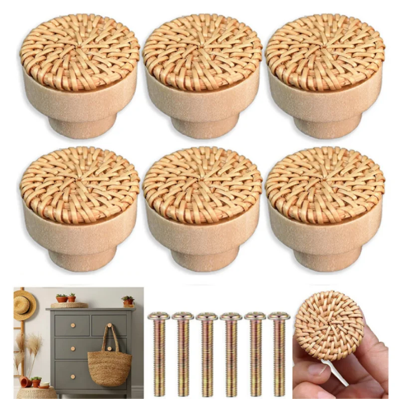 2/4/8/12 Stück Rattan geflochtener runder Griffknopf, Holzgriff, für Küche, Wohnzimmer, Schlafzimmer, Schrank
