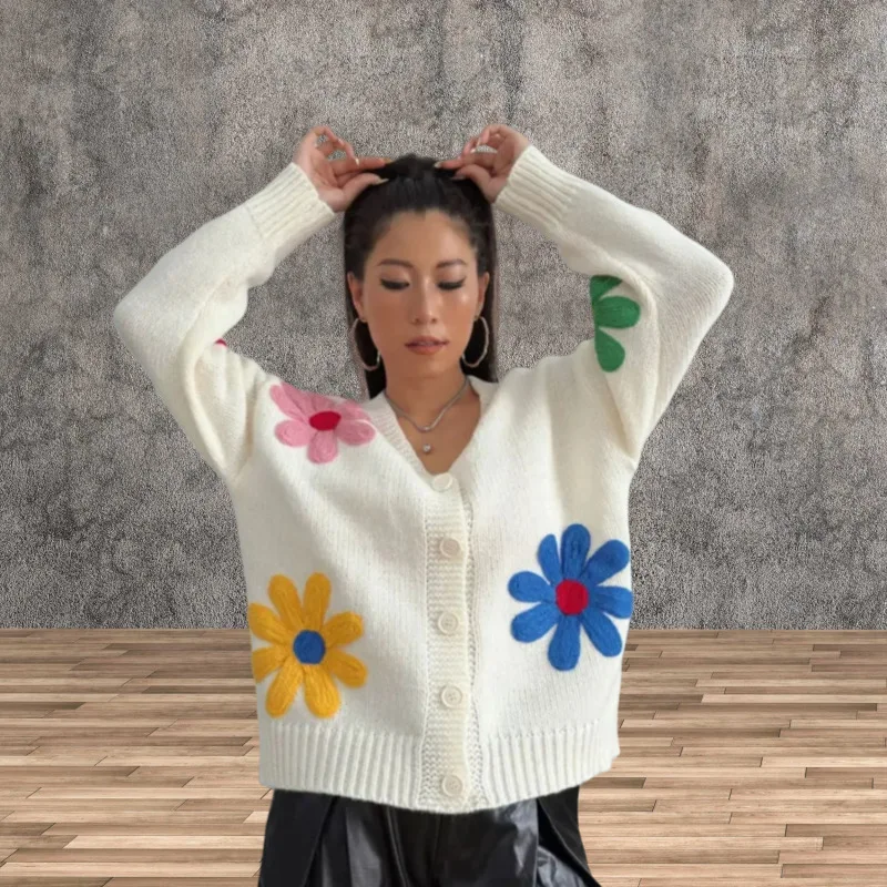 Autumn Winter Colorful Flower Thick Cardigan Jacket Sweet Fresh Cute Long Sleeve Sweater Coat Loose Handmade Hoodie Top