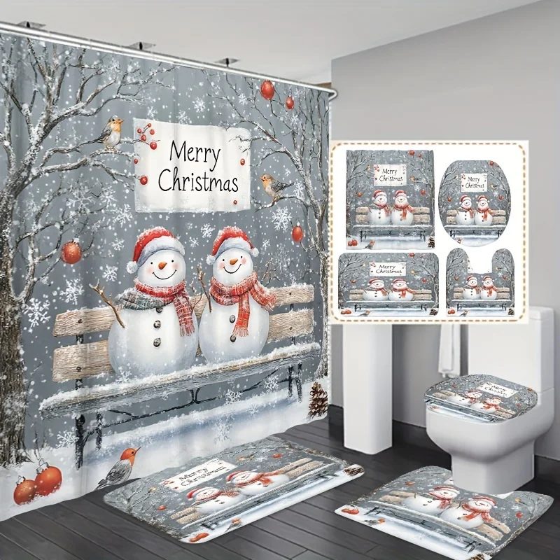 1pc/3pcs/4pcs Theme Long Bench Snowman Merry Christmas Letters Red Chandelier Pattern Shower Curtain Bathroom Set