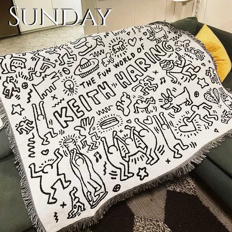 Black White Graffiti Blankets for Bed Cartoon Cotton Throw Blankets Creative Interesting Double-sided Outdoor Camping Picnic Mat