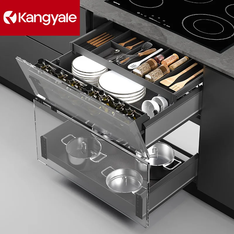 Kitchen easy-pull basket, cabinet tilts and freely pulls bowls and dishes, three-layer drawer-style spice cookware pull-out