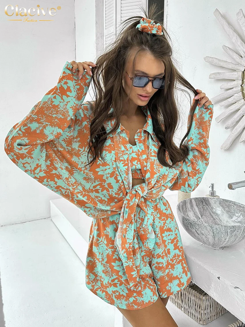 Clacive Fashion Loose Print Shorts Sets For Women 3 Pieces 2024 Elegant Long Sleeve Shirt + Tank Top With High Waist Shorts Set