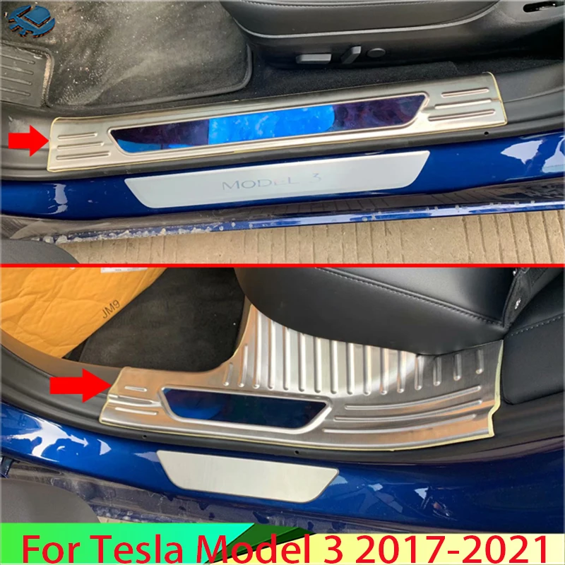 For Tesla Model 3 2017-2022 Car Accessories Stainless Steel Inner Inside Door Sill Panel Scuff Plate Kick Step Trim Cover