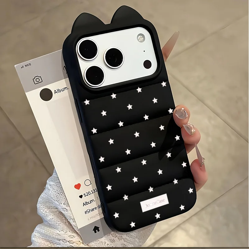 Korean INS White Star Soft Phone Case For iPhone 17 16 15 Pro Max 16 15 14 Plus 11 12 13 Pro Max Cat Ear Lens Protection Cover view 2
