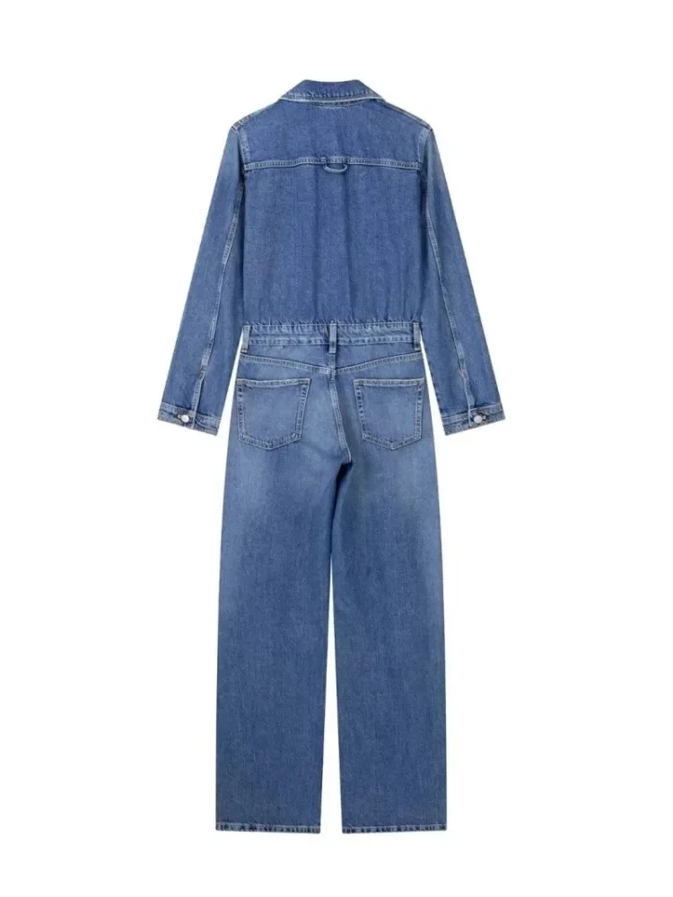 European And American Style Blue Denim High Waisted Jumpsuit Women'S Spring And Autumn Collar Casual Fashion Pants Straight Leg