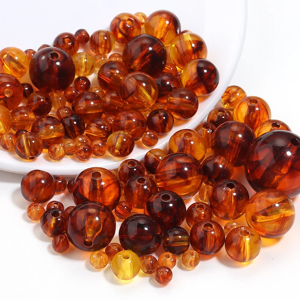 10-200 pièces 6/8/10/12/14/16/20mm couleur ambre perles acryliques rondes pour la fabrication de bijoux perle espacée en vrac bricolage bracelet à breloques collier
