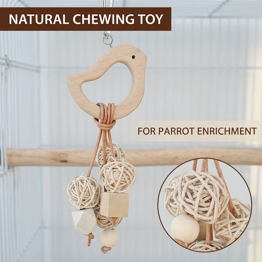 Bird Foraging Toy Beak Grinding Parrot Chew String for Cage Play Natural Wood Rattan Ball Hanging Parrot Cage Accessories