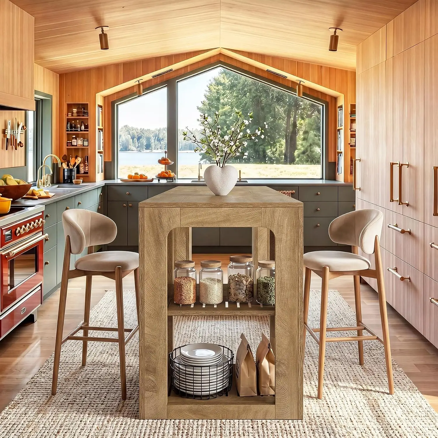 63'' Kitchen Island with Storage & Seating, Oak Brown, Customized