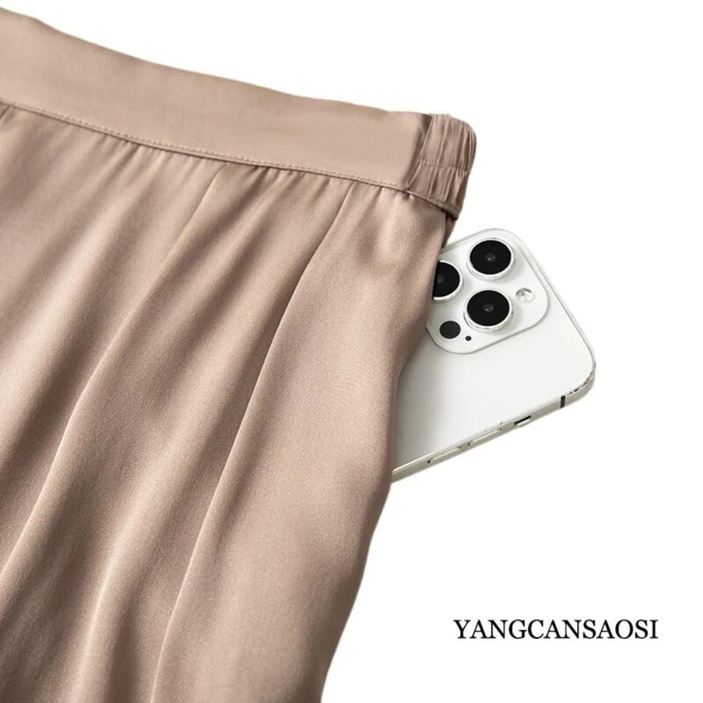 Women's Clothing Light Luxury High-end 95% Natural Mulberry Silk Elastic Satin Pocket Design Elastic Waist Straight Leg Pants