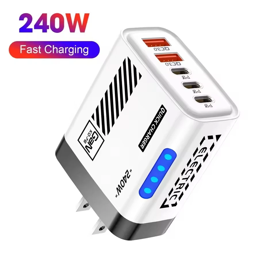 240W Superschnelles Ladegerät 5-in-1 LED-Licht 5-Port GaN Telefonladegerät Adapter 10A Kabel für iPhone Xiaomi EU/US-Stecker Ladegerät
