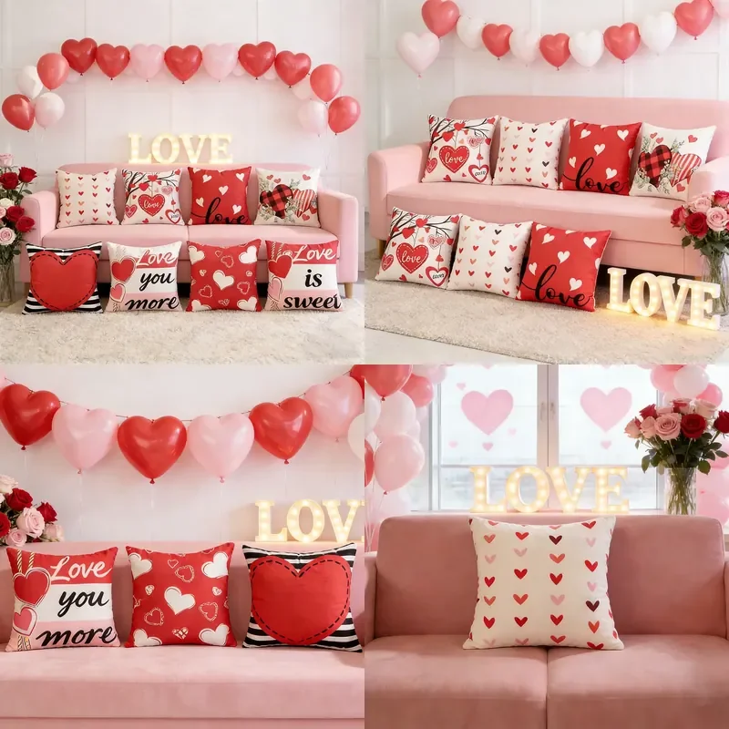 Amazon cross-border Valentine's Day linen pillow cover home decoration heart-shaped red letter sofa living room pillowcase