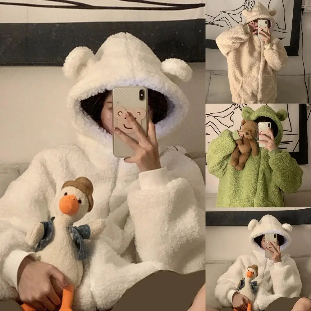Charming Fluffy Coat Bear Ears Decor Windproof Women Winter Imitation Lambswool Warm Coat Soft Cardigan Jacket Daily Garment