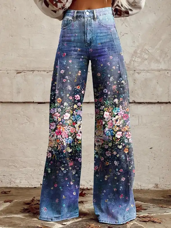 Jeans da donna alla moda con stampa leopardata a contrasto di colore pantaloni a gamba larga a vita alta jeans d'imitazione sottili da donna casual