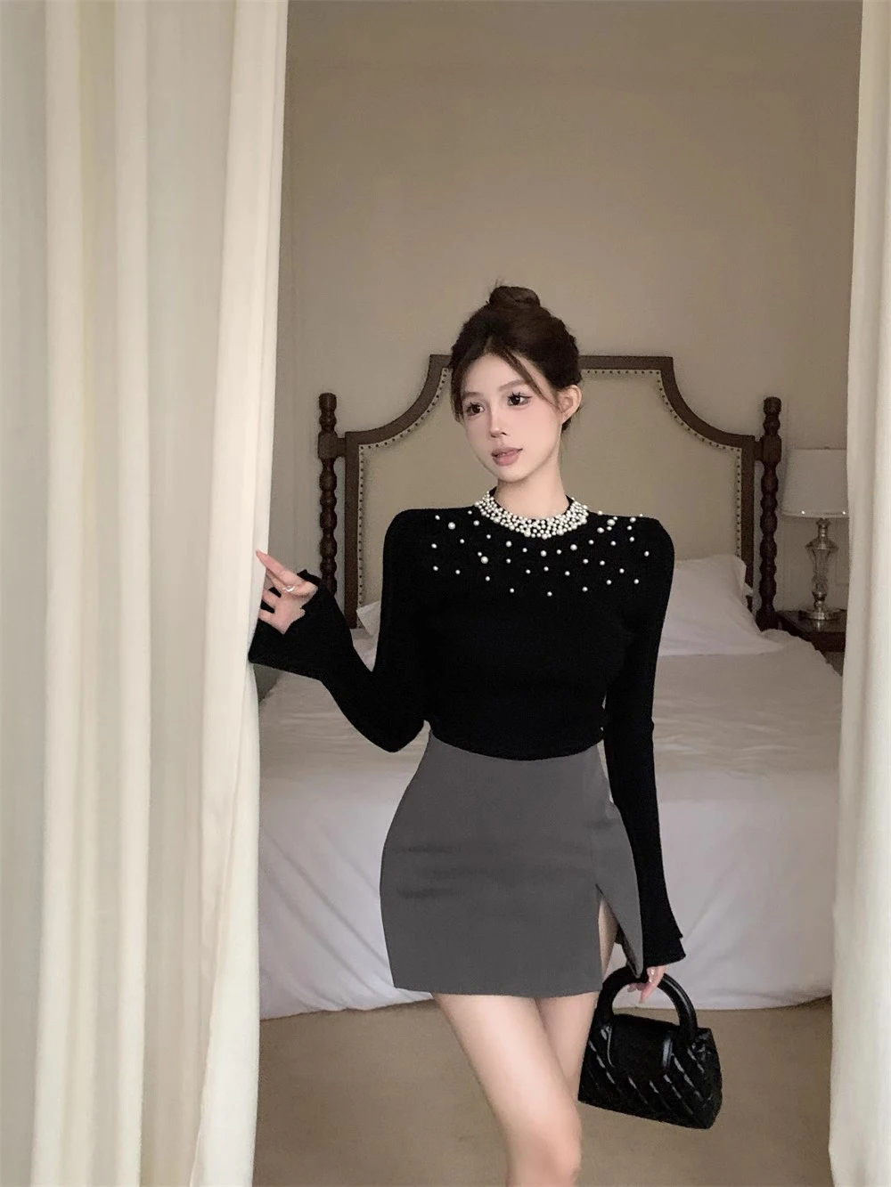 KUSAHIKI Fashion Beads Black Flare Sleeve Knitted Bottoming Pullover Women Autumn Winter Elegant Slim Sweater Base Knitwear Tops