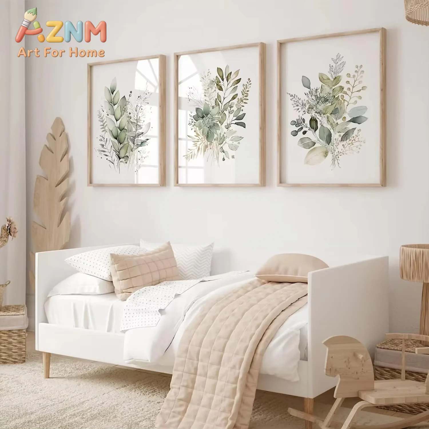 AZNM 3Pcs Watercolor Plant Wall Art Bohemian Flower Canvas Decor Print Grey Green Wildflower Modern Picture Bathroom