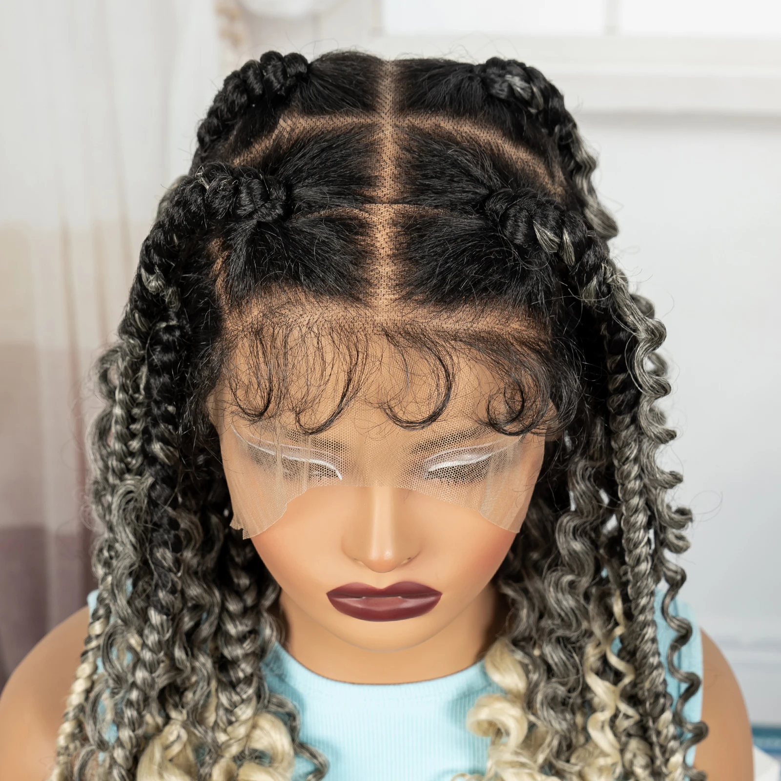 613# Blonde Full Lace Box Braided Wigs 16in Synthetic Braided Lace Wig with Wavy Ends Knotless Boho Braids Wigs for Black Women