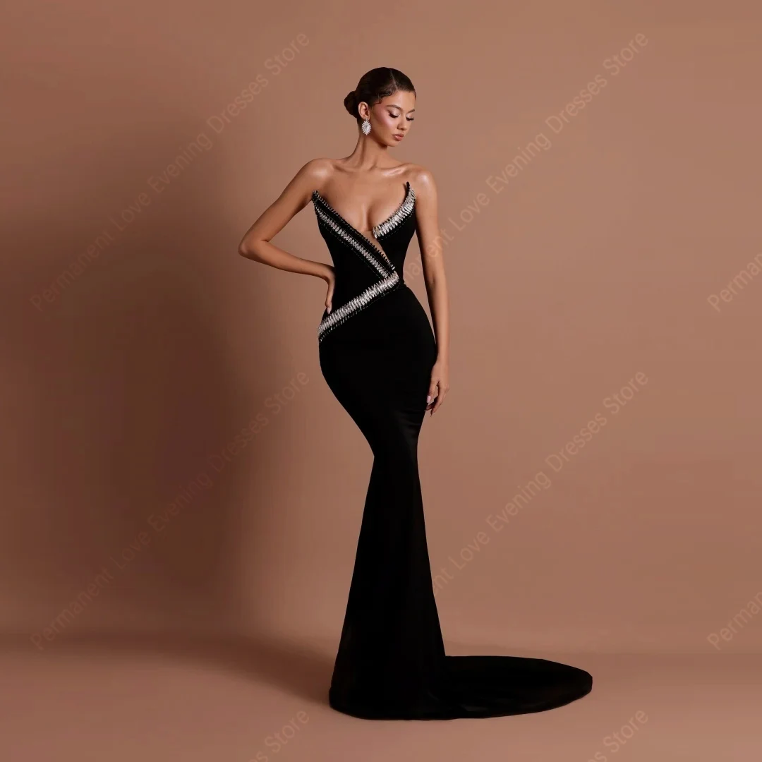 

2025 Elegant Black Mermaid Women Evening Dresses Sexy V-Neck Prom Gowns Mopping Length Banquet Vestidos Para Mujer Customized