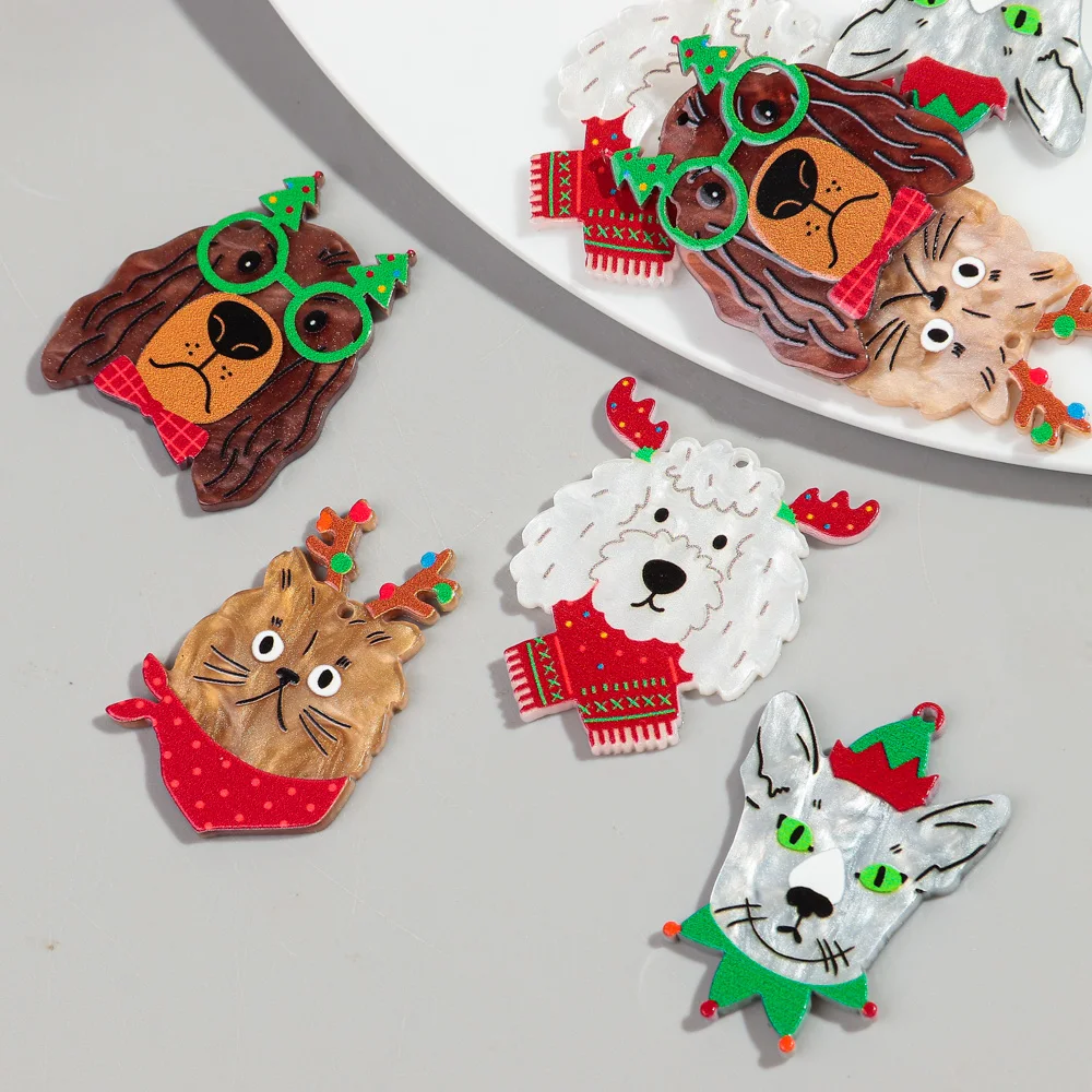 10pcs/lot Christmas Cartoon Animal Acrylic Charms Cute Dog Cat Sheep Pendant for DIY Jewelry Making Earring Keychain Accessories