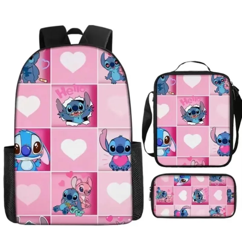 MINISO Stitch-Conjunto de tres piezas para niños, mochila para estudiantes, bolsa de viaje, bolso de hombro, estuche para lápices