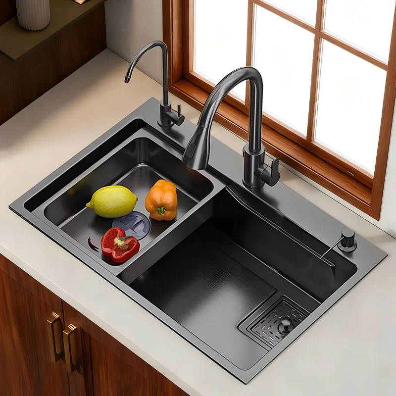 

Nanometer Handcrafted Kitchen Sink Groove depth 220mm 304 Stainless Steel Thickened Large Single Slot 3Modes Nozzle Pull-out tap