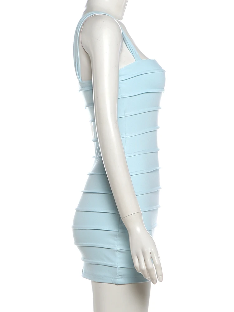 Weird Puss Kleid mit quadratischem Kragen für Damen, mit Ziernähten, ärmellos, einfarbig, sexy, elegant, süßer Stil, schmal geschnitten, für Sommerpartys, Mini-Bodycon – Detail 5