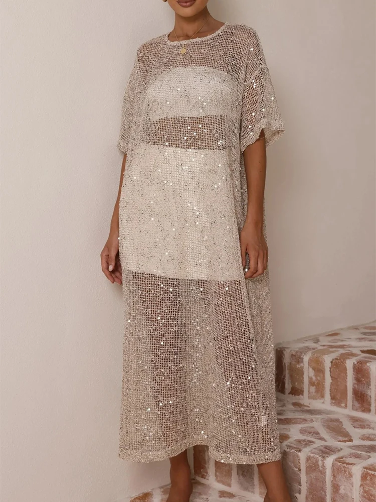 

Elegant O-neck Hollow Out Cover-up Dress Fashion Shiny Sequins Solid Loose Party Dress Women Sexy Perspective Beach Long Dress