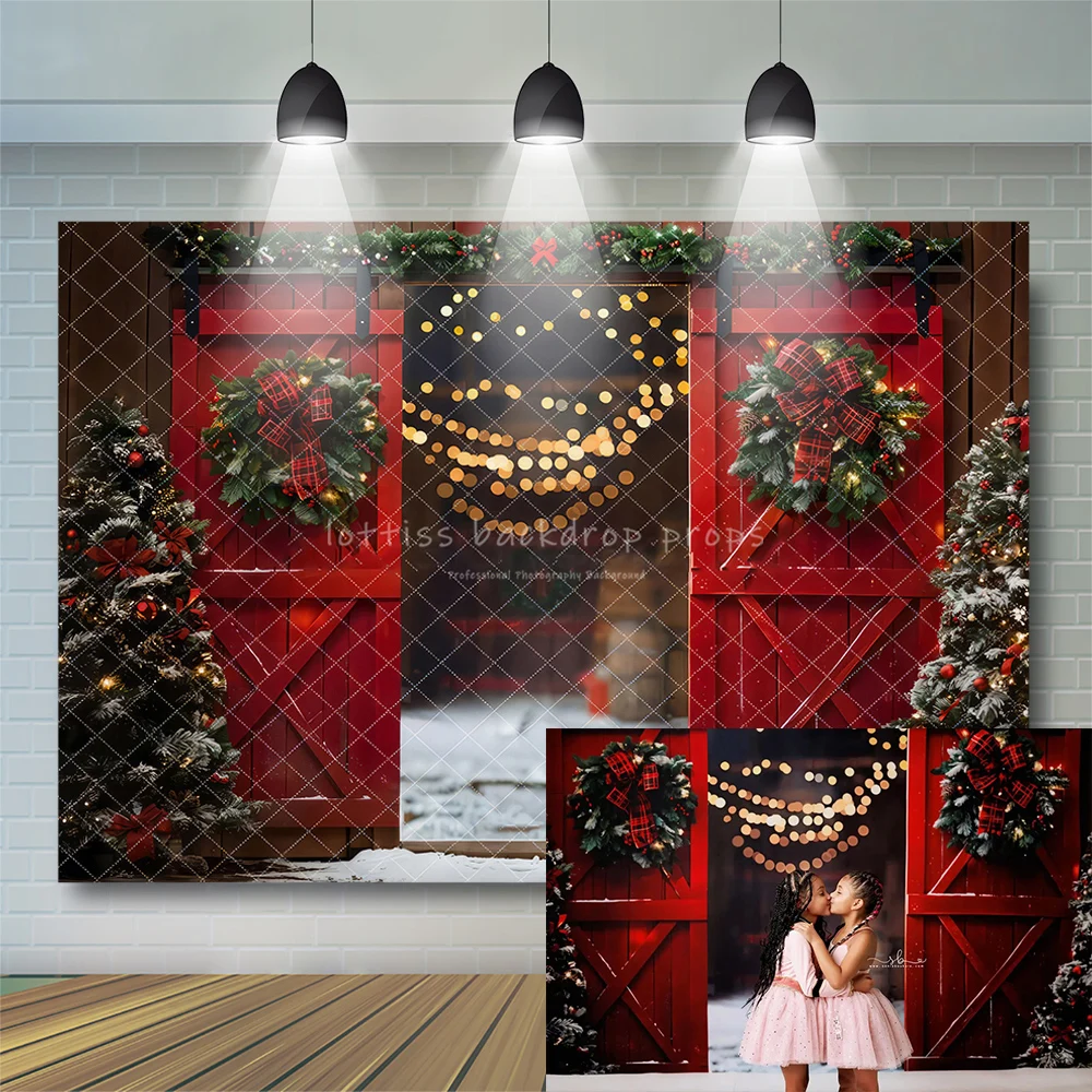 

Xmas Night Snowy Red Barn Door Backdrops Kids Adult Photography Child Baby Photocall Props Farm Wreath Backgrounds