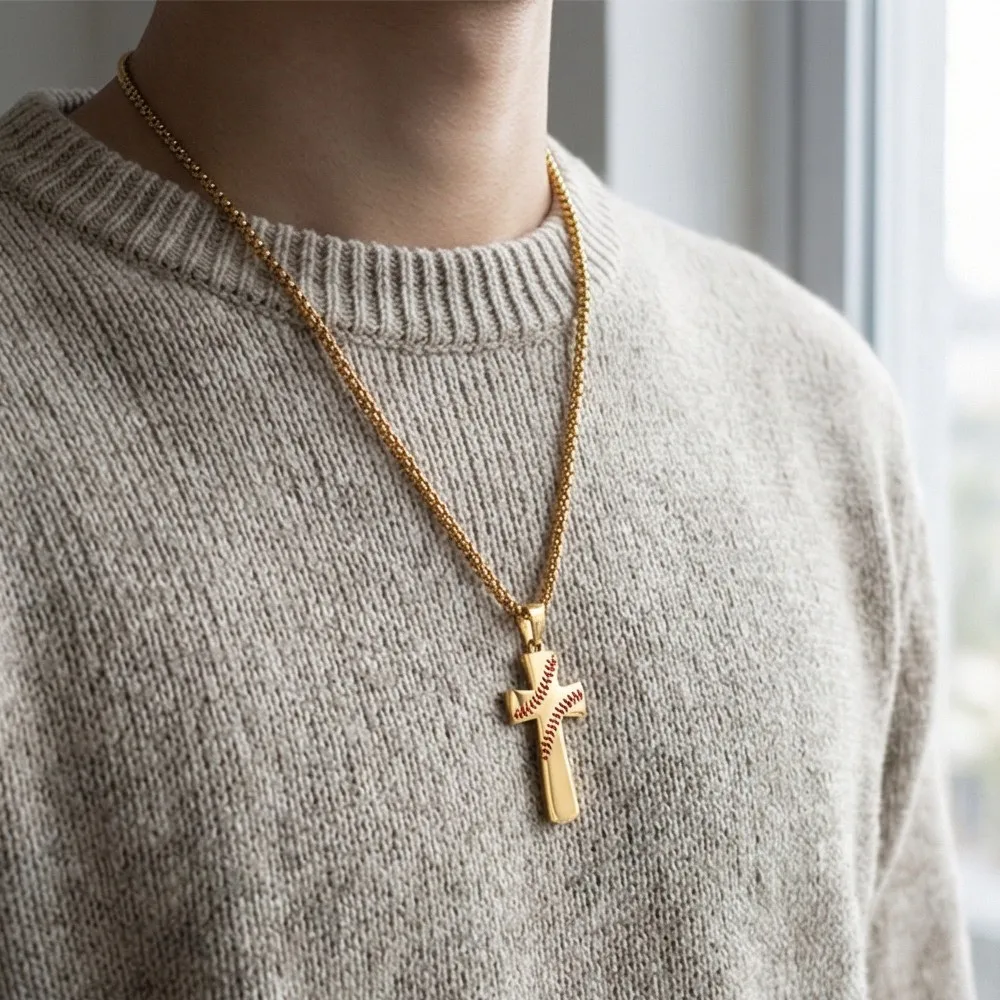Baseball Pattern Scripture Cross Pendant Necklace For Men Women Gold Color Stainless Steel Neck Chain Fashion Jewelry Punk Rock