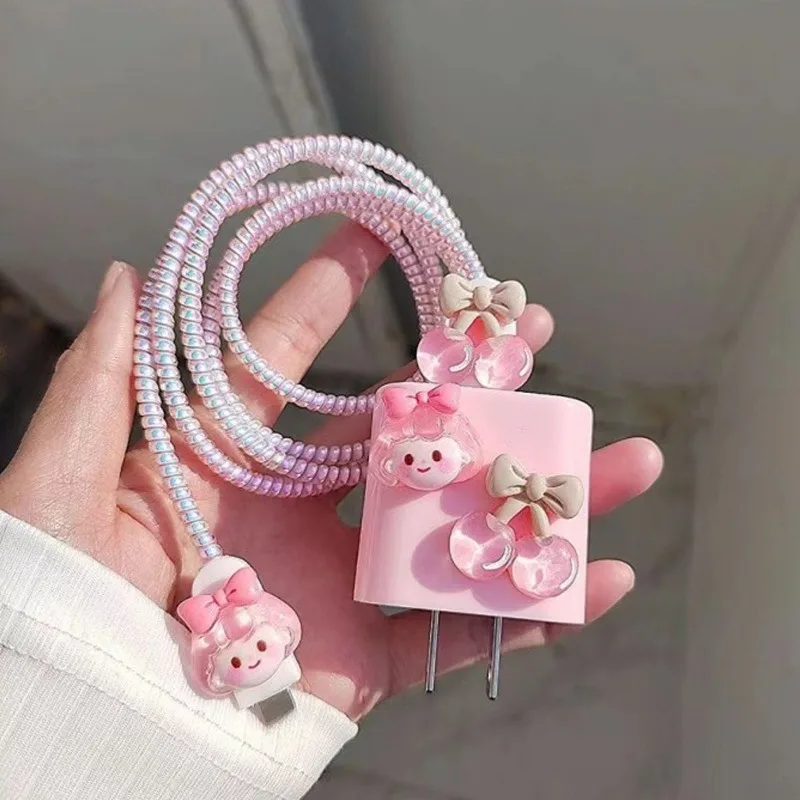 Cute Pink Cherry Girl Pattern Charger Protection Set, 20W Fast Charger Head & Cable Anti-break Sleeve for iPhone 14