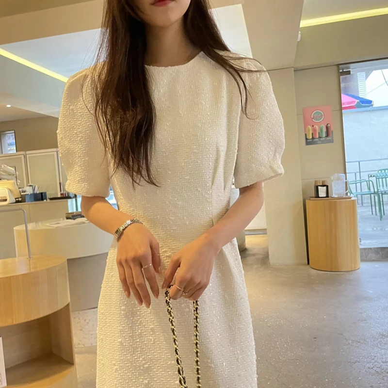 Elegant Tweed Midiชุดผู้หญิงวินเทจพัฟแขนสั้นสีขาวฤดูร้อนสุภาพสตรีเกาหลีเก๋สบายๆสายVestidosใหม่