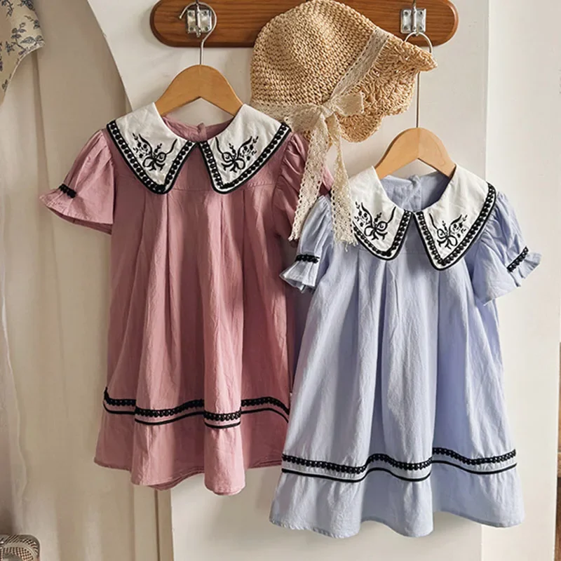 2025 New Summer 2-7Yrs Kids Princess Dresses Short Sleeved Cotton Embroidery Splicing Baby Girl Party Dress Sister Clothing