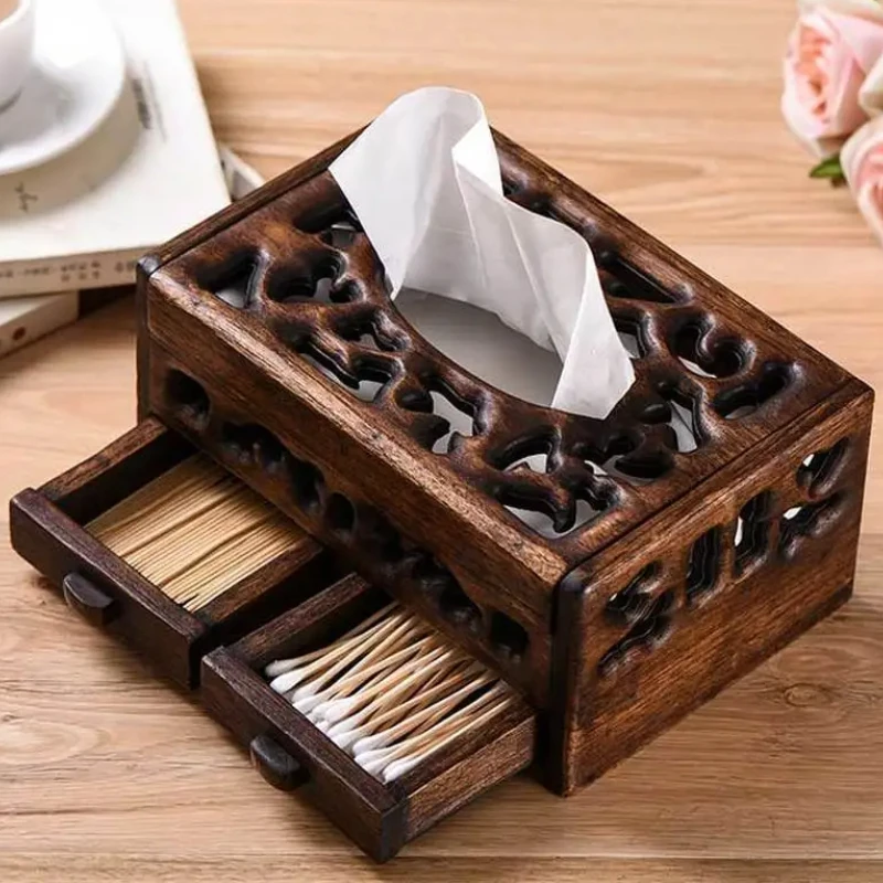 

Многофункциональная коробка для салфеток из цельного дерева — ретро-гостиная, журнальный столик и настольный поднос для хранения салфеток и домашнего декора