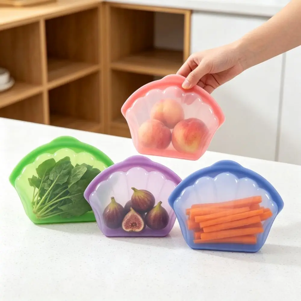 Shell Shape Silicone Food Storage Bag Food Grade Sealed Food Packaging Bag Leak-Proof High-Temperature Fresh Keeping Bag Outdoor