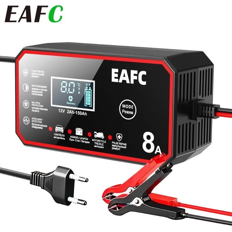 Car Battery Charger Full Auto Motorcycle 12V 8A Pulse Repair LCD Display AGM Deep cycle GEL Lead-Acid Charger