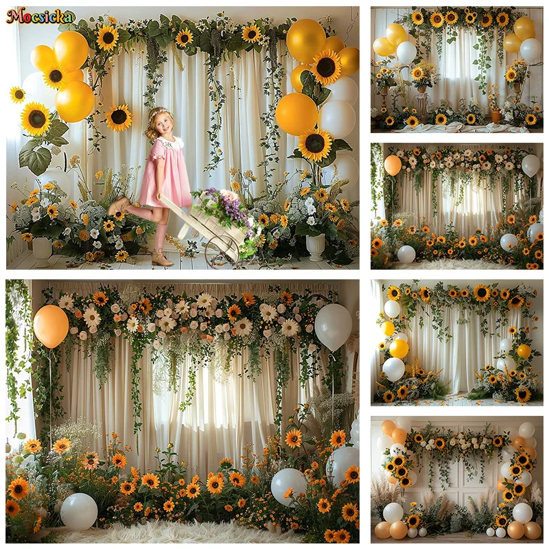 Mocsicka Spring Photography Background Kids Birthday Party Sunflower Curtain Backdrop Cake Smash Photo Portrait Studio Props