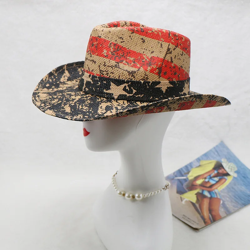 Hot Sale American Flag Style Straw Hat Western Cowboy Hat Distressed Men's Outdoor Hat