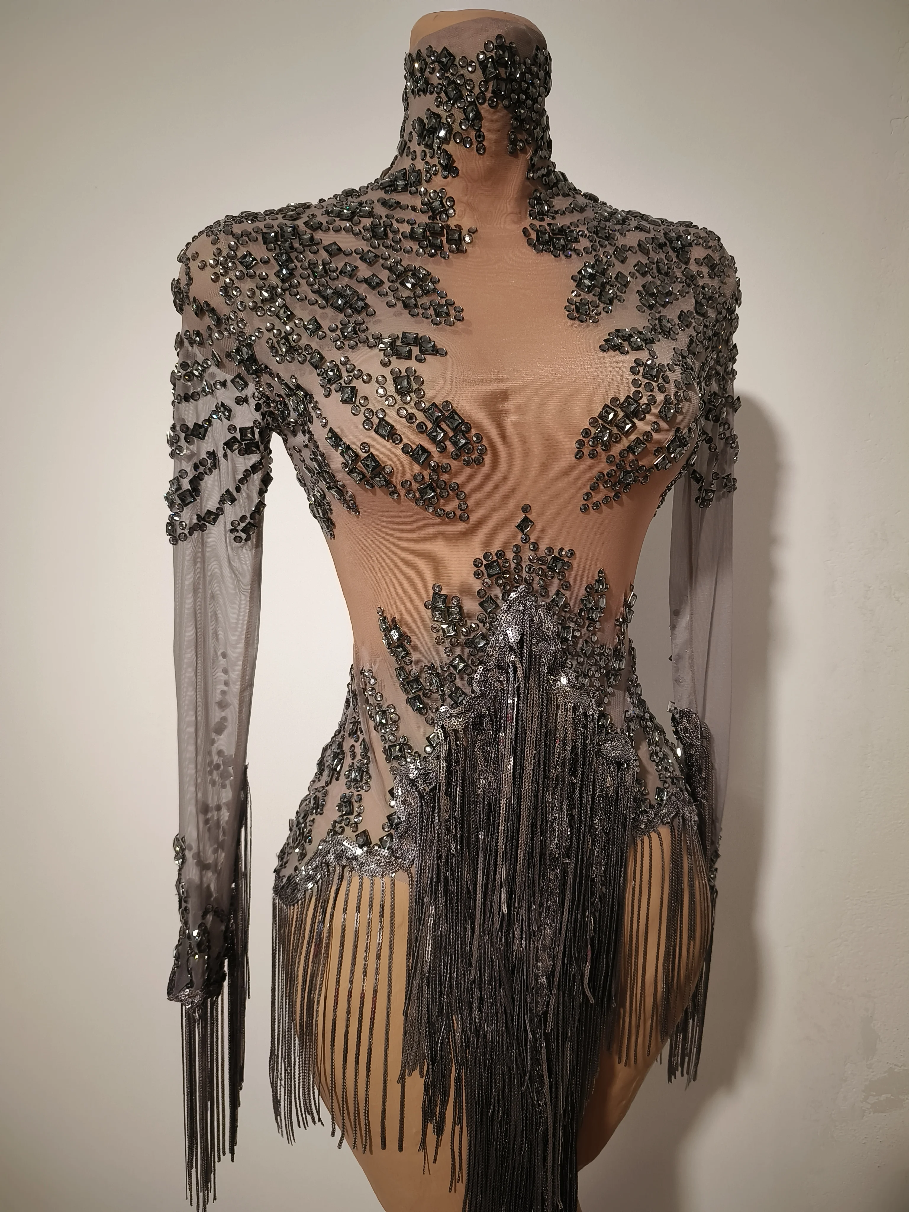 High-end Sparkly Rhinestone High-end Tassel Bodysuit Ladies Latin Dance Team Wear Theme Party See Through Mesh Outfit Tangshui